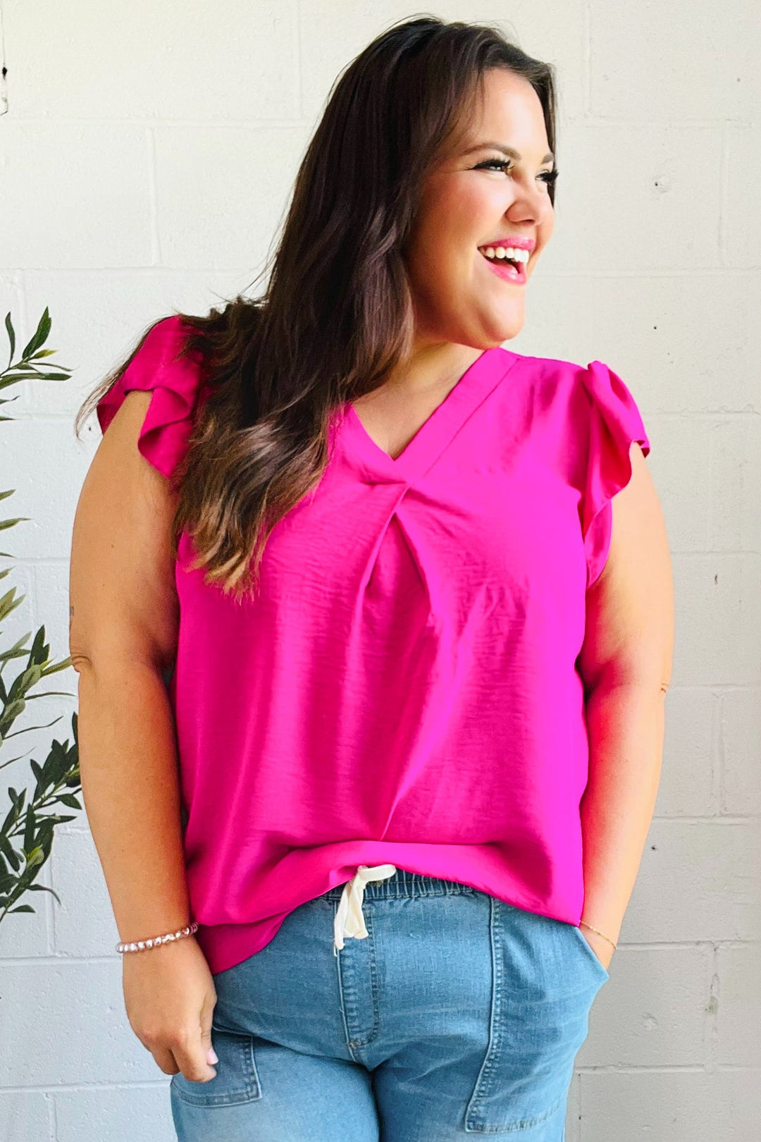 Summer Days Fuchsia Banded V Neck Flutter Sleeve Tops | Nikki &amp; Co. Boutique