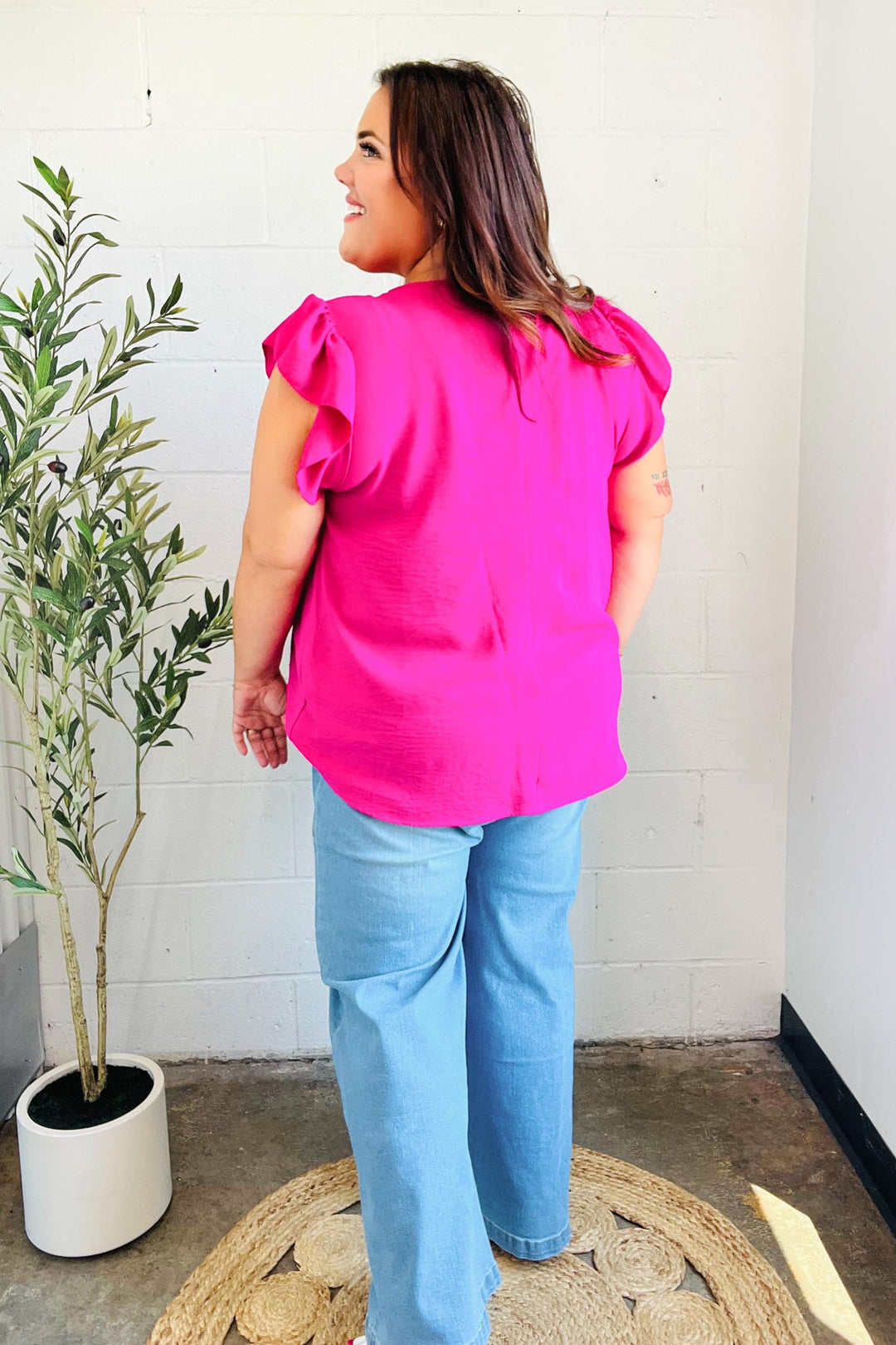 Summer Days Fuchsia Banded V Neck Flutter Sleeve Tops | Nikki &amp; Co. Boutique