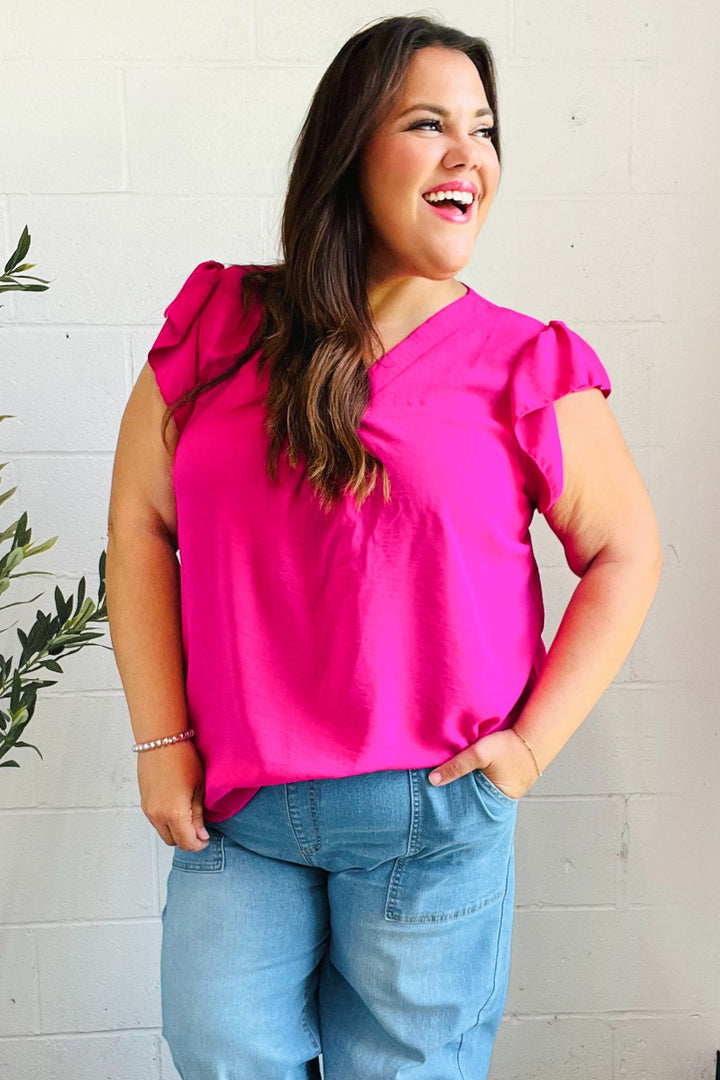 Summer Days Fuchsia Banded V Neck Flutter Sleeve Tops | Nikki &amp; Co. Boutique