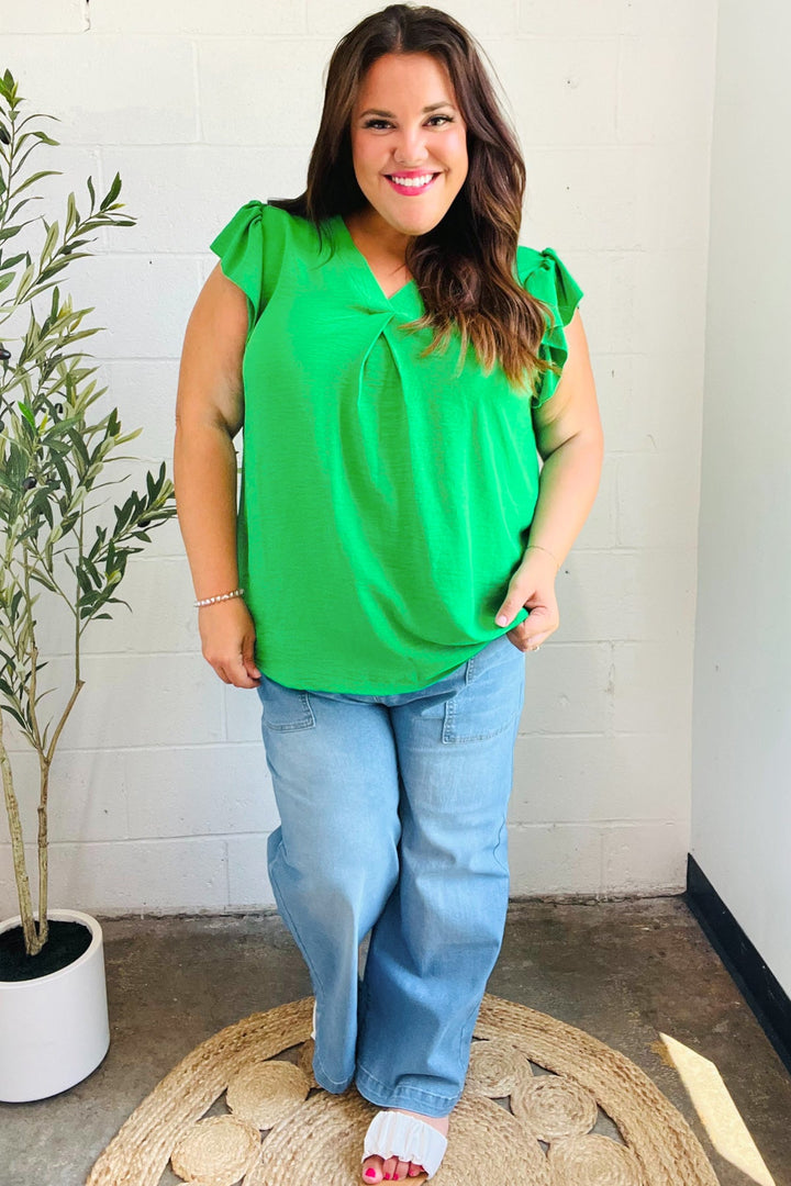 Sunny Days Kelly Green Banded V Neck Flutter Sleeve Tops | Nikki &amp; Co. Boutique