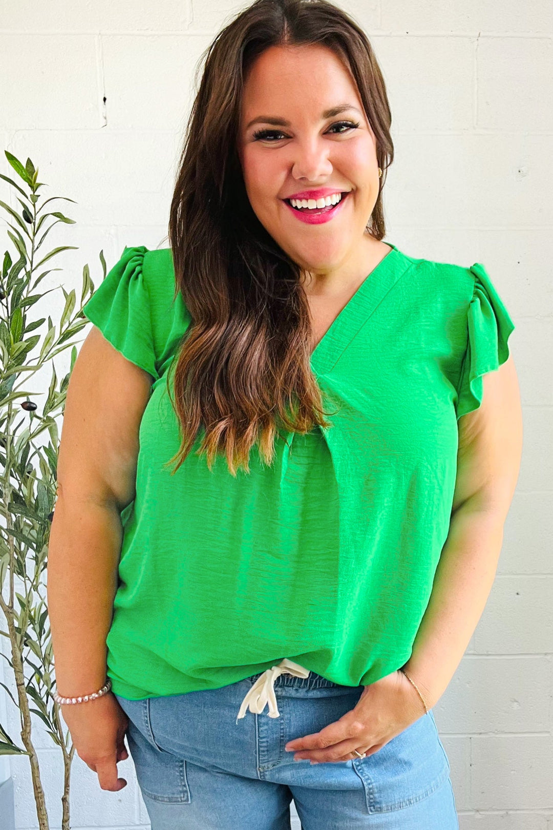 Sunny Days Kelly Green Banded V Neck Flutter Sleeve Tops | Nikki &amp; Co. Boutique