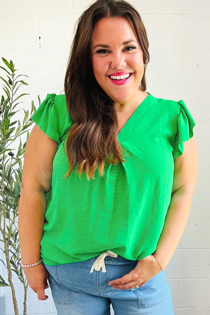 Sunny Days Kelly Green Banded V Neck Flutter Sleeve Tops | Nikki &amp; Co. Boutique