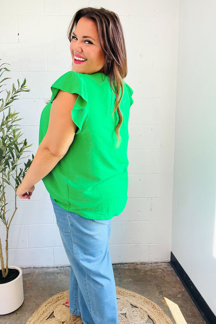 Sunny Days Kelly Green Banded V Neck Flutter Sleeve Tops | Nikki &amp; Co. Boutique