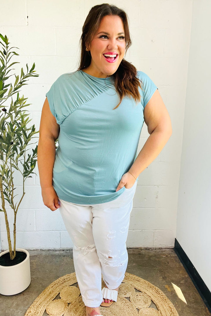 Charming in Aqua Asymmetrical Shirred Modal Top | Nikki &amp; Co. Boutique