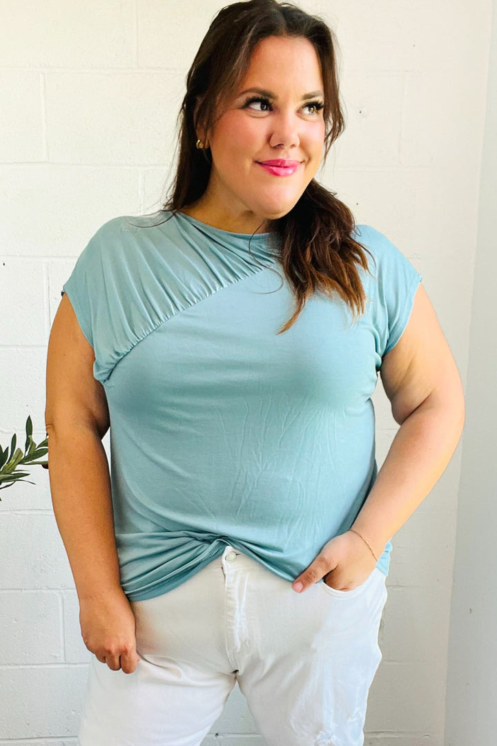 Charming in Aqua Asymmetrical Shirred Modal Top | Nikki &amp; Co. Boutique