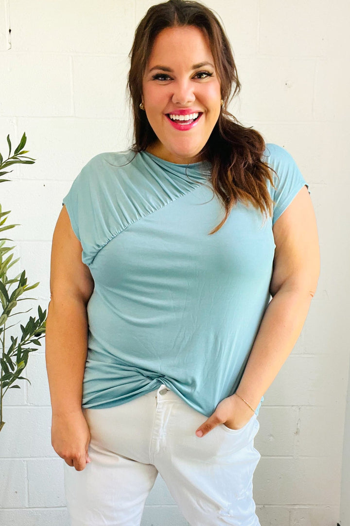 Charming in Aqua Asymmetrical Shirred Modal Top | Nikki &amp; Co. Boutique