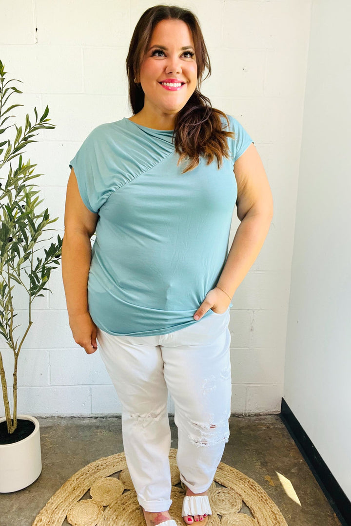 Charming in Aqua Asymmetrical Shirred Modal Top | Nikki &amp; Co. Boutique