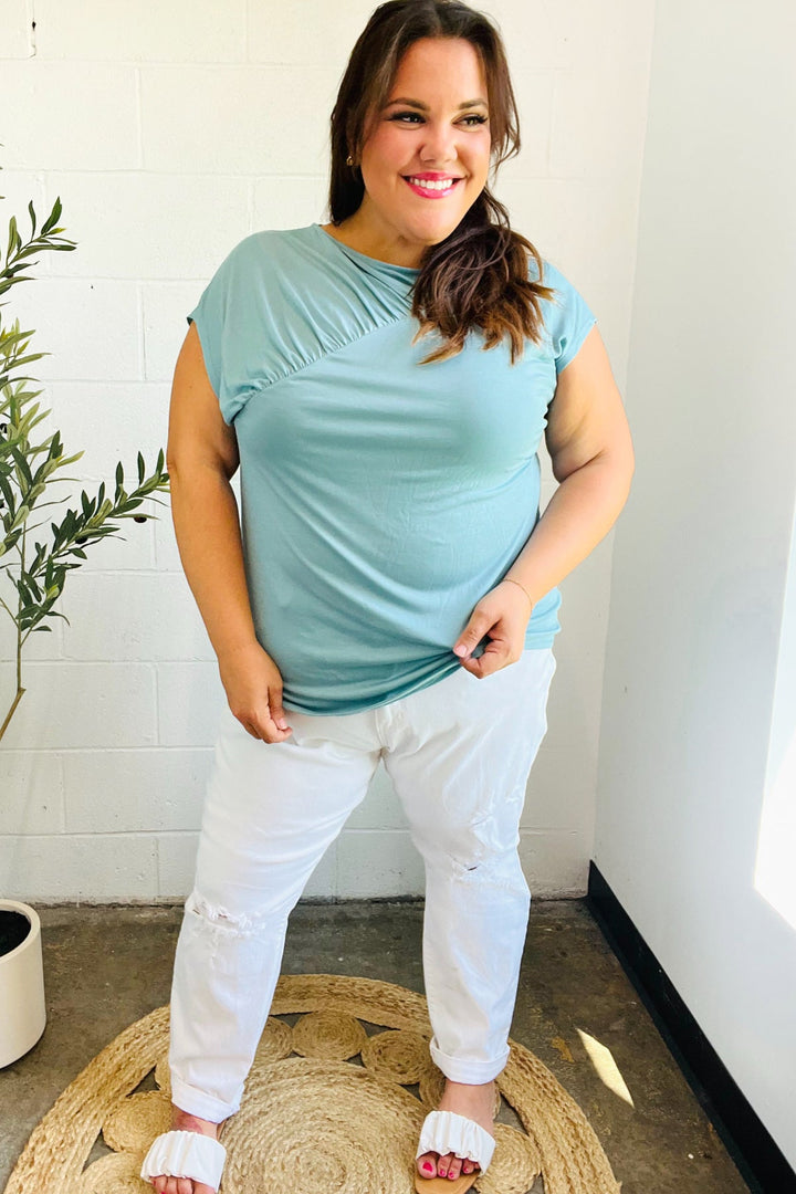 Charming in Aqua Asymmetrical Shirred Modal Top | Nikki &amp; Co. Boutique
