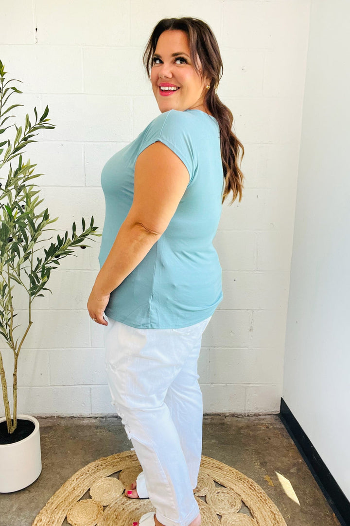 Charming in Aqua Asymmetrical Shirred Modal Top | Nikki &amp; Co. Boutique