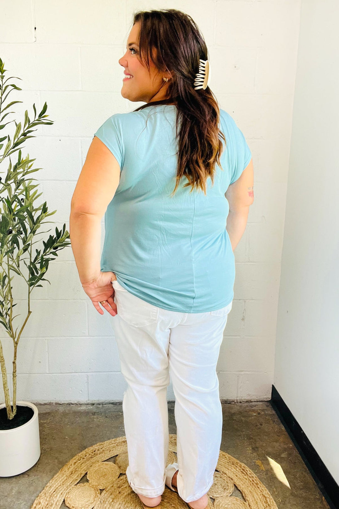 Charming in Aqua Asymmetrical Shirred Modal Top | Nikki &amp; Co. Boutique