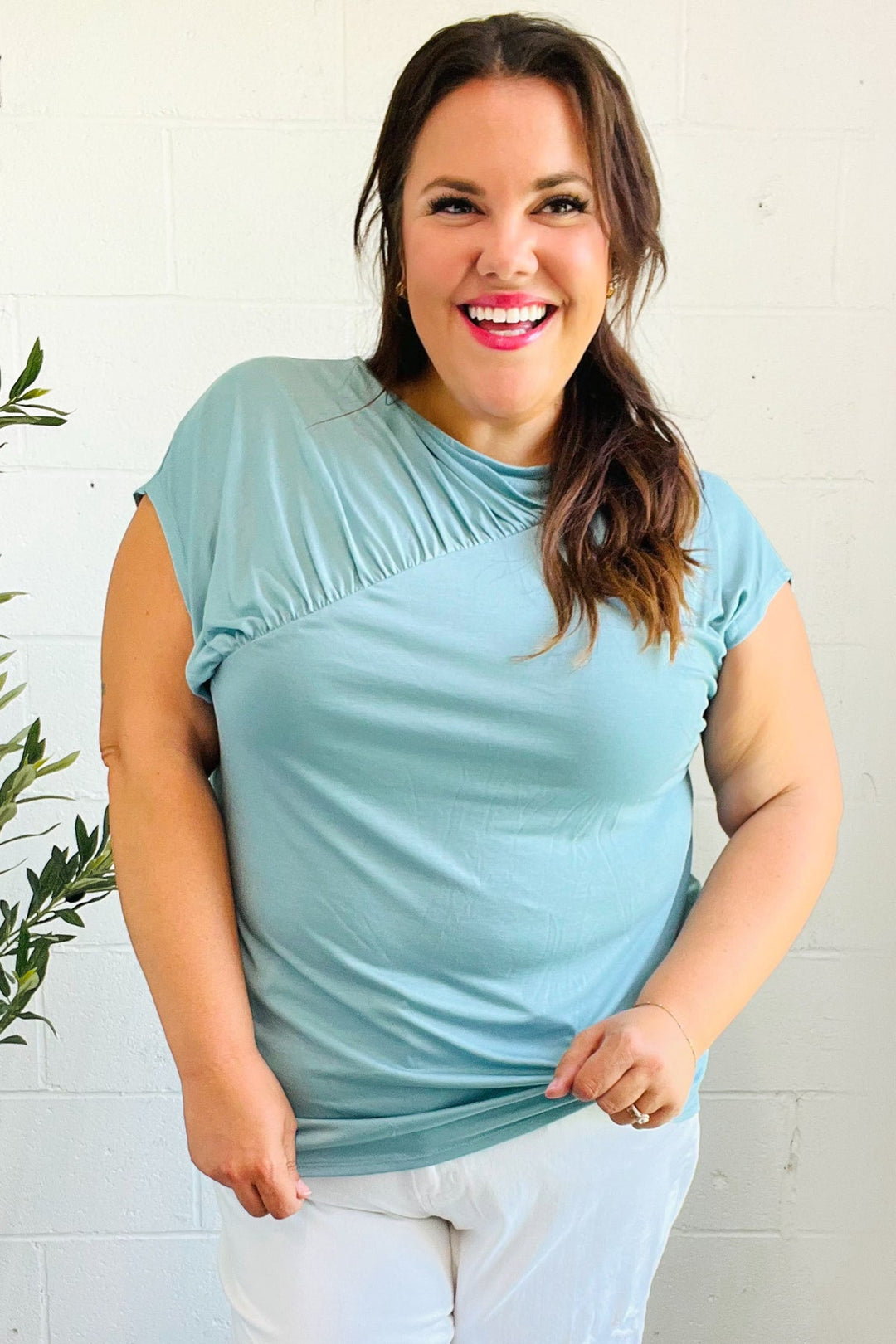 Charming in Aqua Asymmetrical Shirred Modal Top | Nikki &amp; Co. Boutique