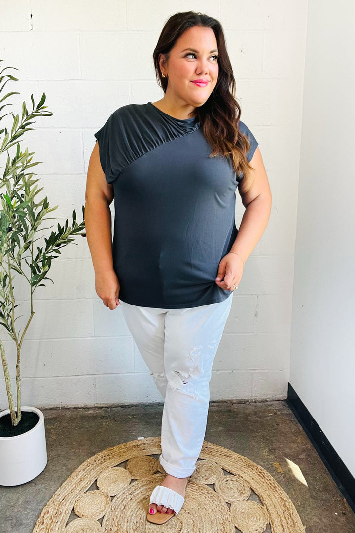 Charming In Charcoal Asymmetrical Shirred Modal Tops | Nikki &amp; Co. Boutique