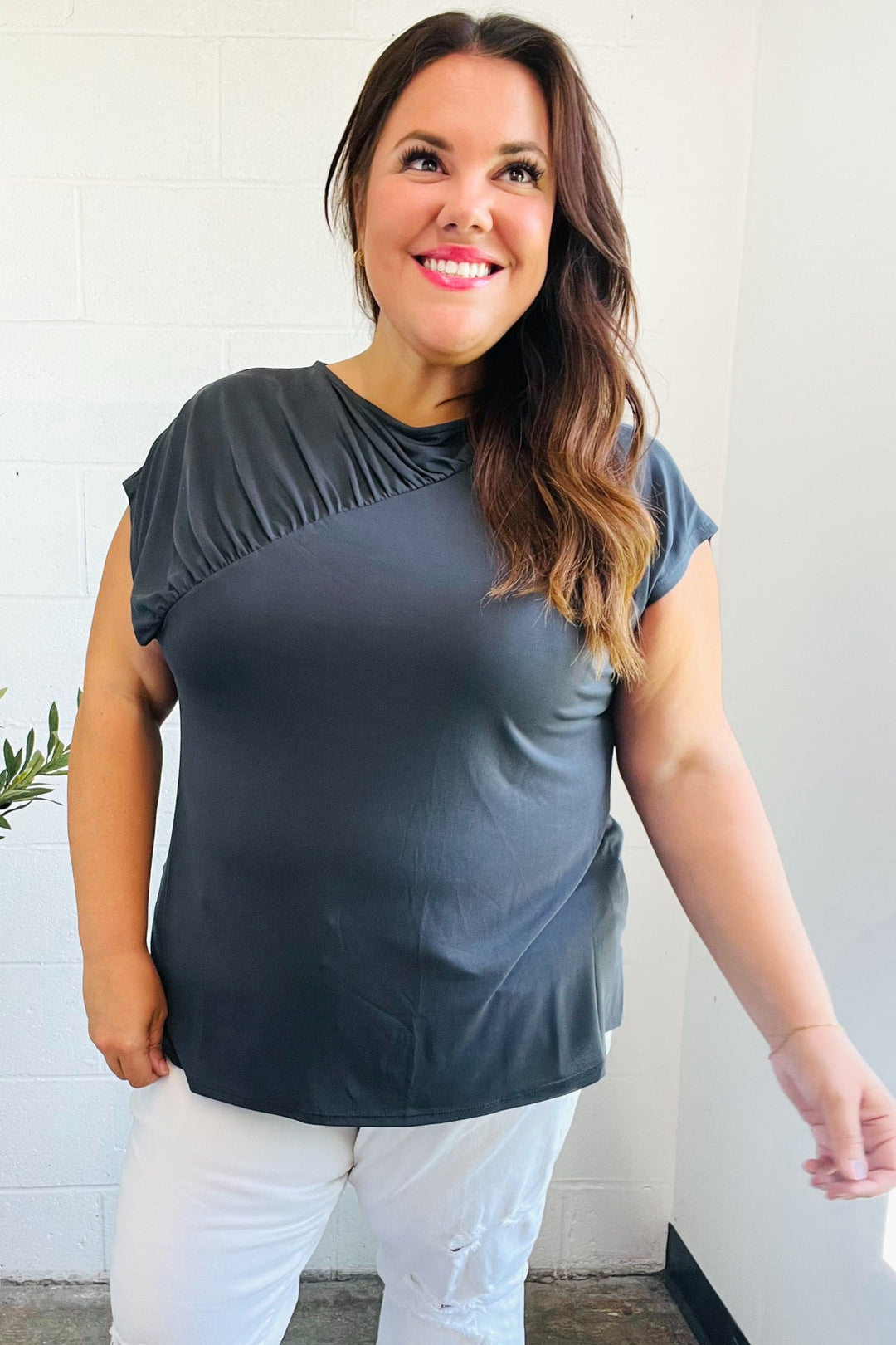 Charming In Charcoal Asymmetrical Shirred Modal Tops | Nikki &amp; Co. Boutique