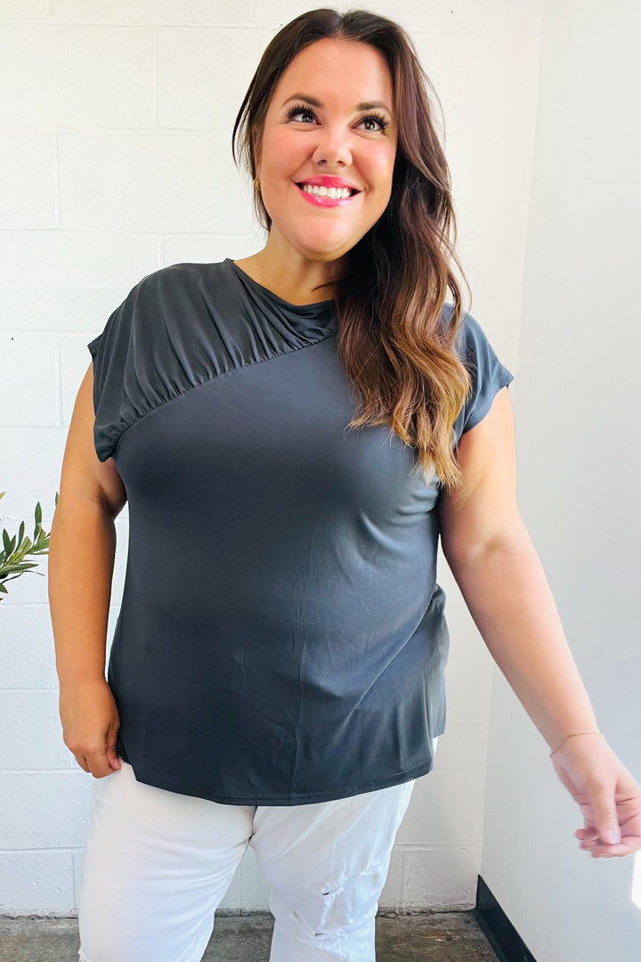 Charming In Charcoal Asymmetrical Shirred Modal Tops | Nikki &amp; Co. Boutique
