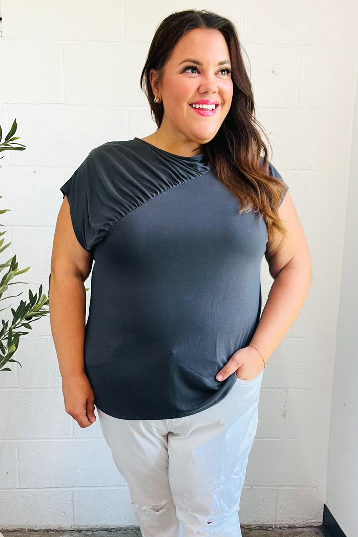 Charming In Charcoal Asymmetrical Shirred Modal Tops | Nikki &amp; Co. Boutique