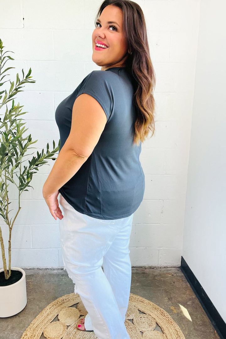 Charming In Charcoal Asymmetrical Shirred Modal Tops | Nikki &amp; Co. Boutique
