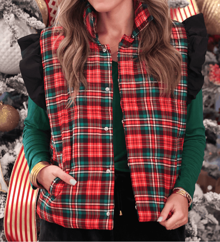 Red Christmas Plaid Puffer Vest (Pre-order) - Nikki &amp; Co. Boutique
