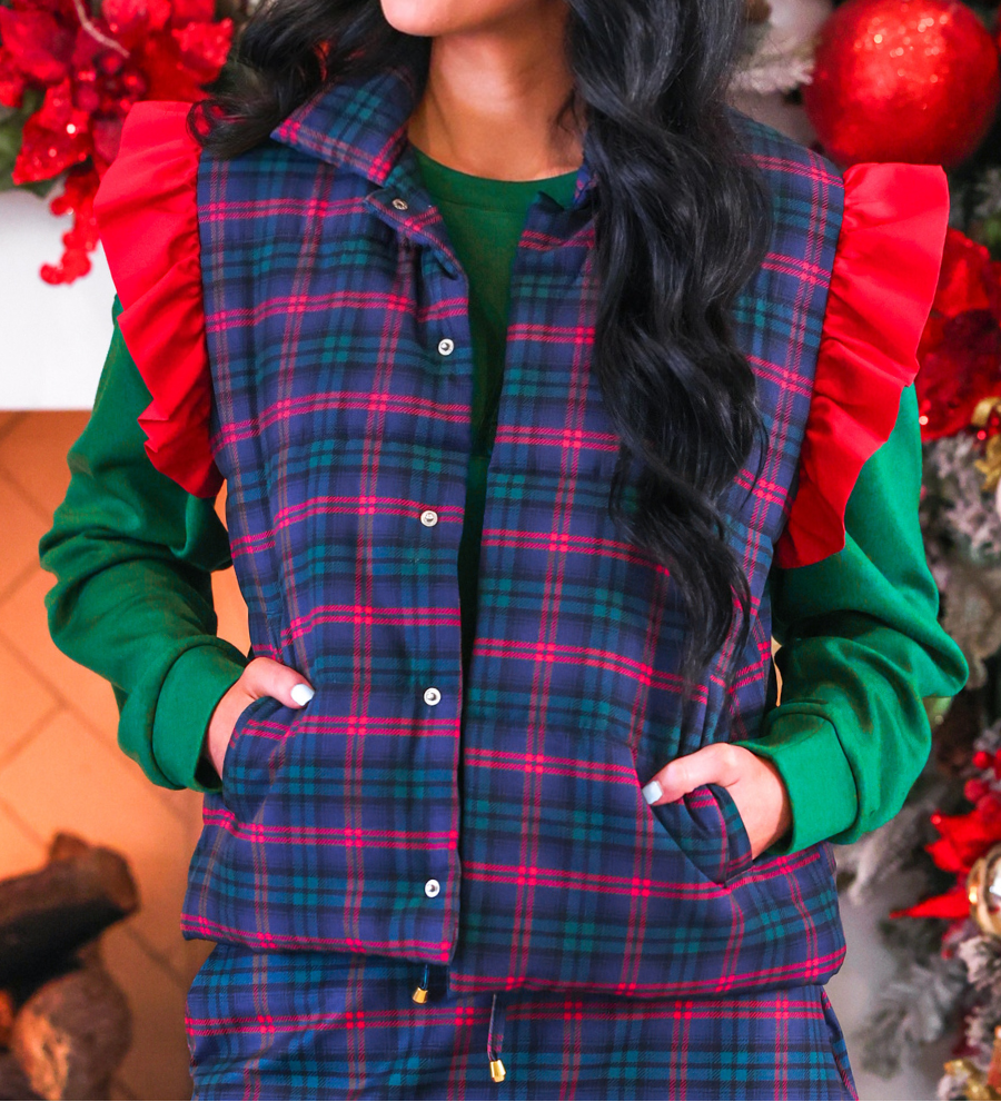 Navy Christmas Plaid Puffer Vest (Pre-order) - Nikki &amp; Co. Boutique