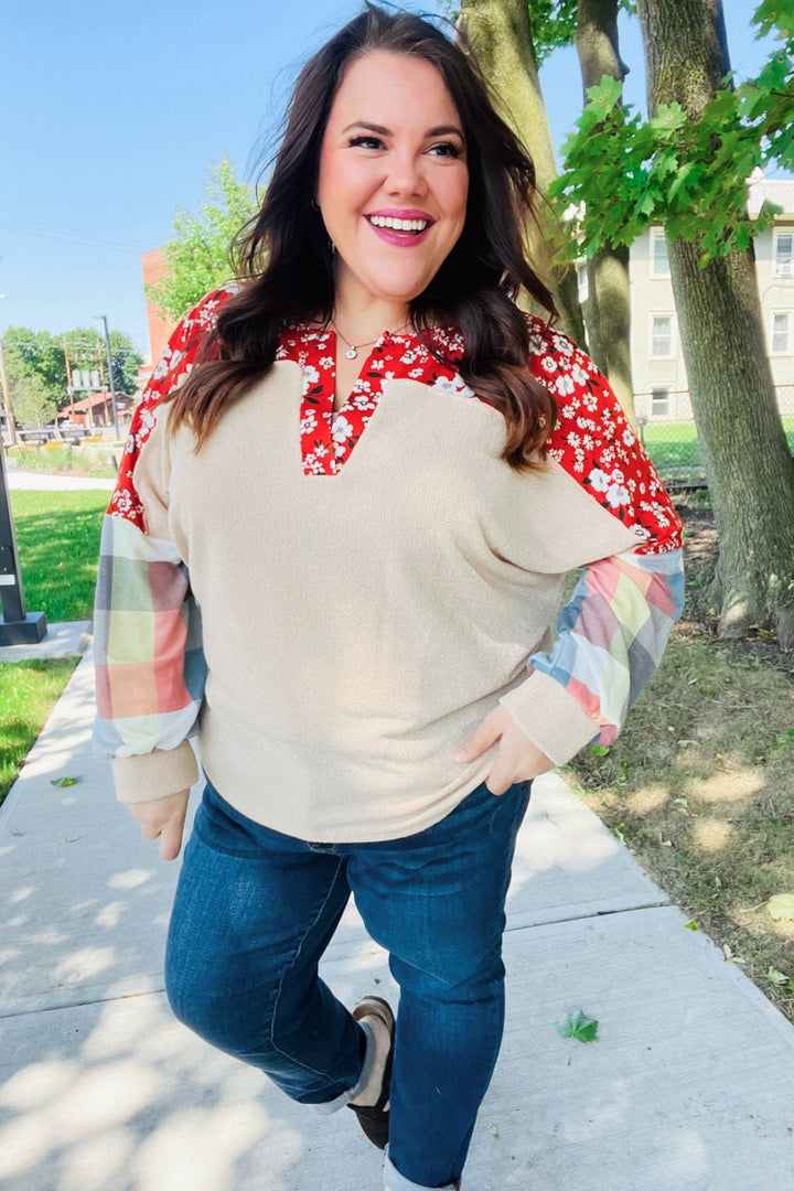 Feeling Femme Oatmeal Plaid Floral Color Block Notch Neck Tops | Nikki &amp; Co. Boutique