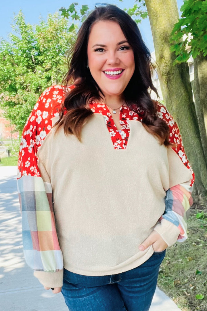 Feeling Femme Oatmeal Plaid Floral Color Block Notch Neck Tops | Nikki &amp; Co. Boutique