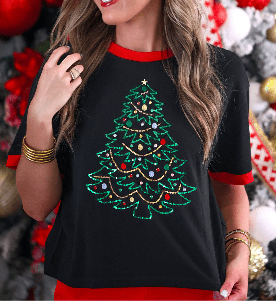 Embellished Christmas Tree Tee - Black (Pre-order) - Nikki &amp; Co. Boutique