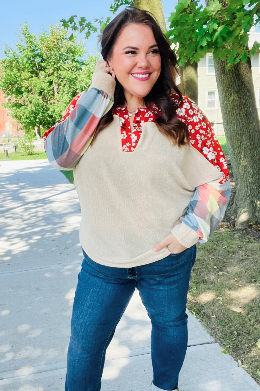 Feeling Femme Oatmeal Plaid Floral Color Block Notch Neck Tops | Nikki &amp; Co. Boutique