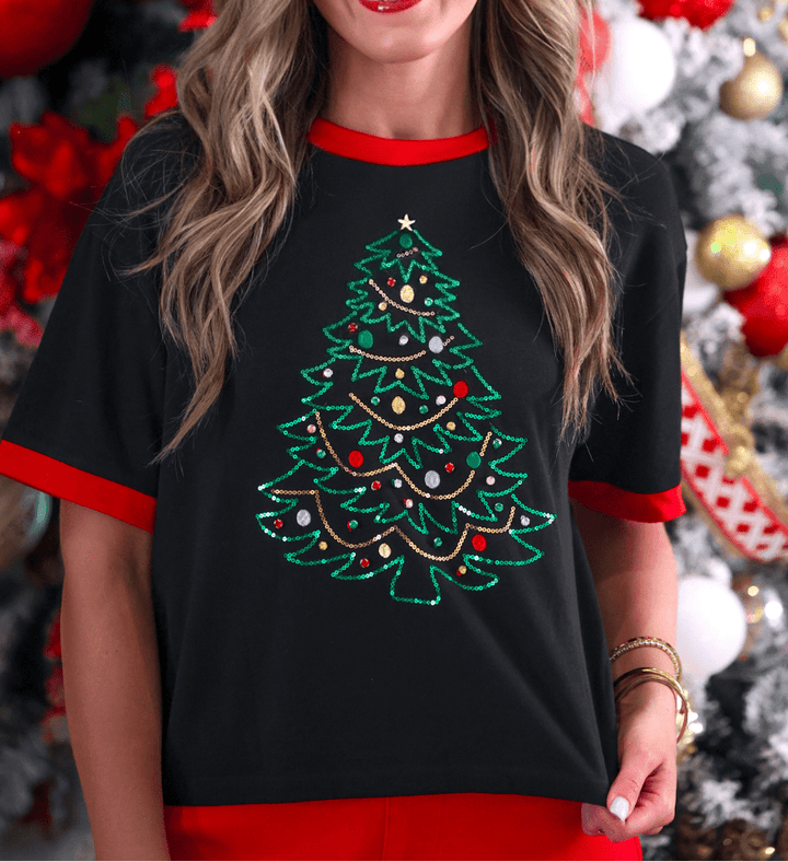 Embellished Christmas Tree Tee - Black (Pre-order) - Nikki &amp; Co. Boutique