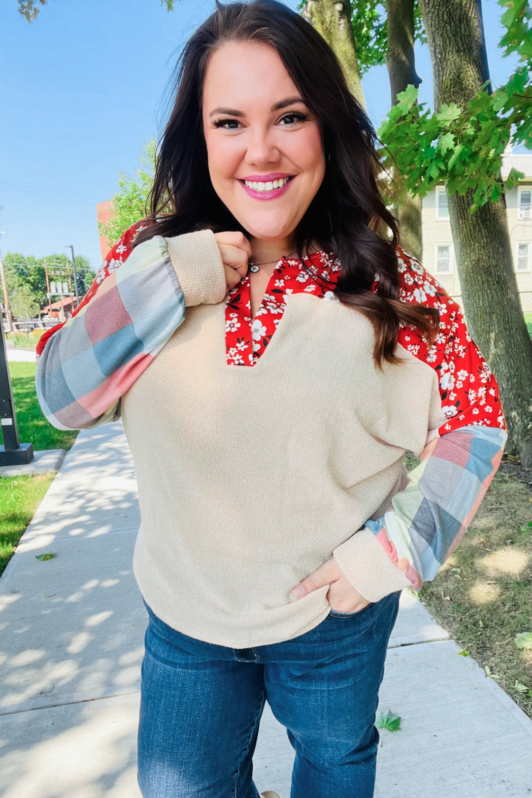 Feeling Femme Oatmeal Plaid Floral Color Block Notch Neck Tops | Nikki & Co. Boutique