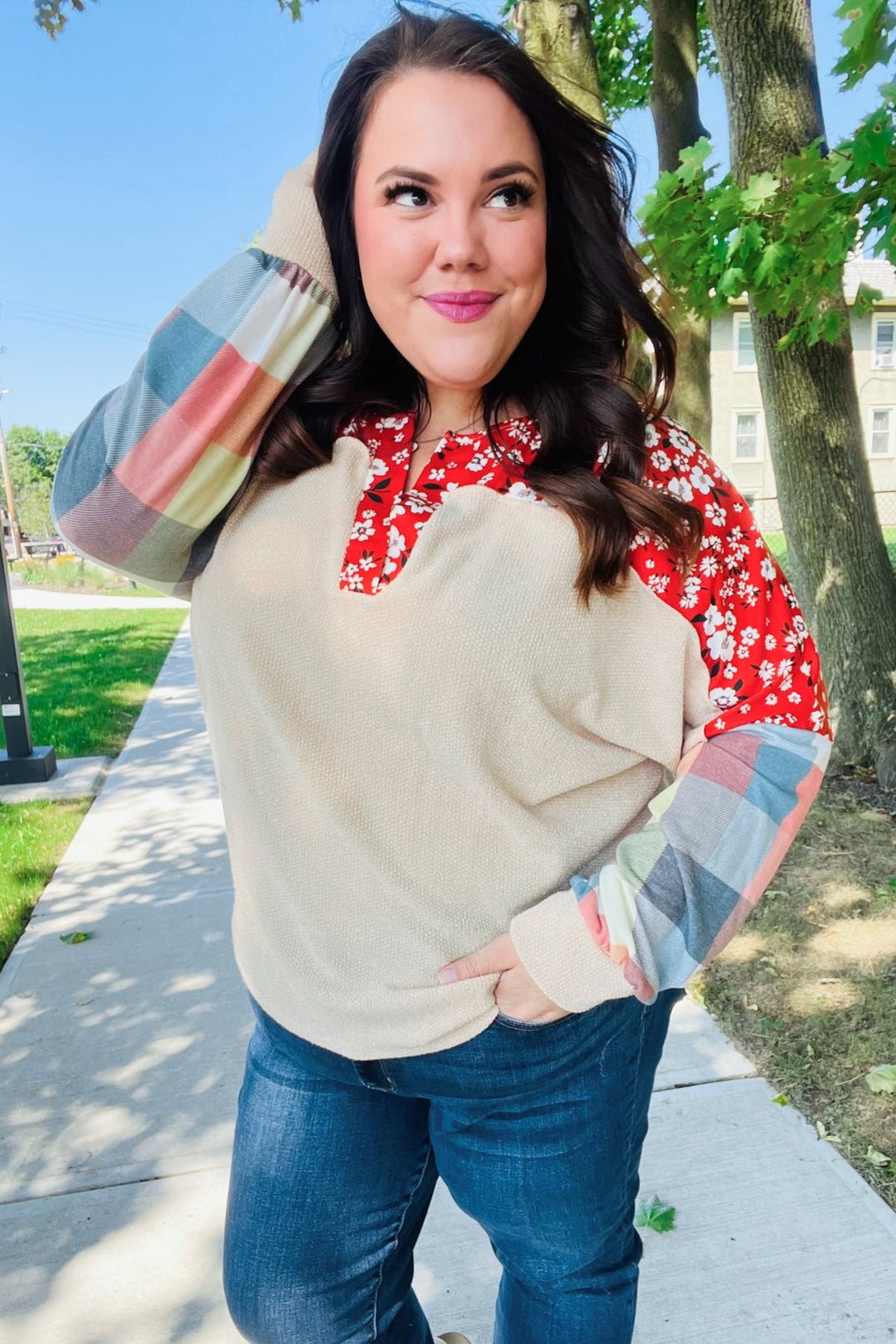 Feeling Femme Oatmeal Plaid Floral Color Block Notch Neck Tops | Nikki &amp; Co. Boutique