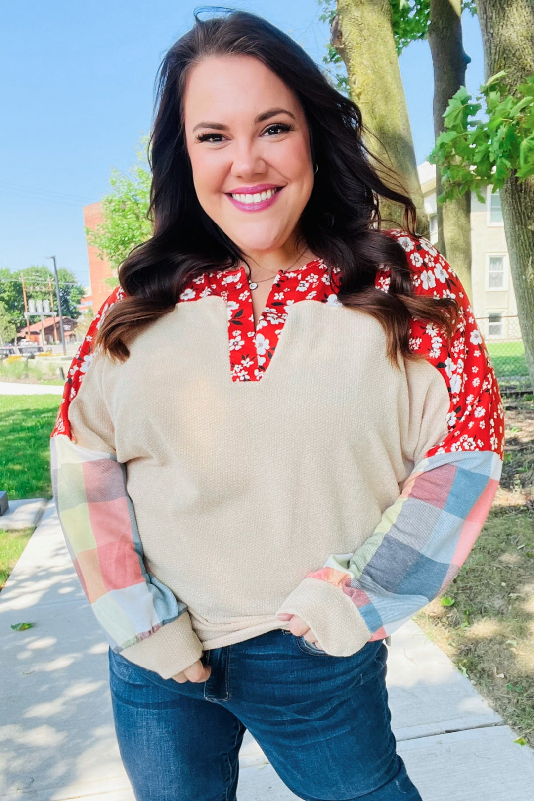 Feeling Femme Oatmeal Plaid Floral Color Block Notch Neck Tops | Nikki &amp; Co. Boutique