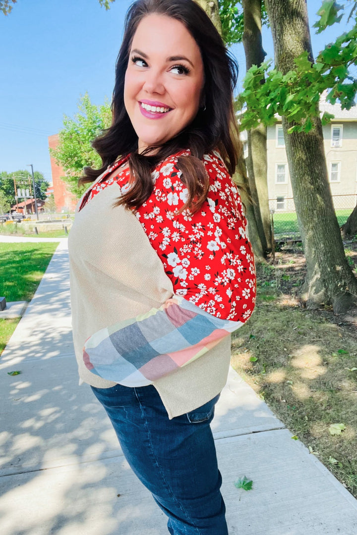 Feeling Femme Oatmeal Plaid Floral Color Block Notch Neck Tops | Nikki &amp; Co. Boutique