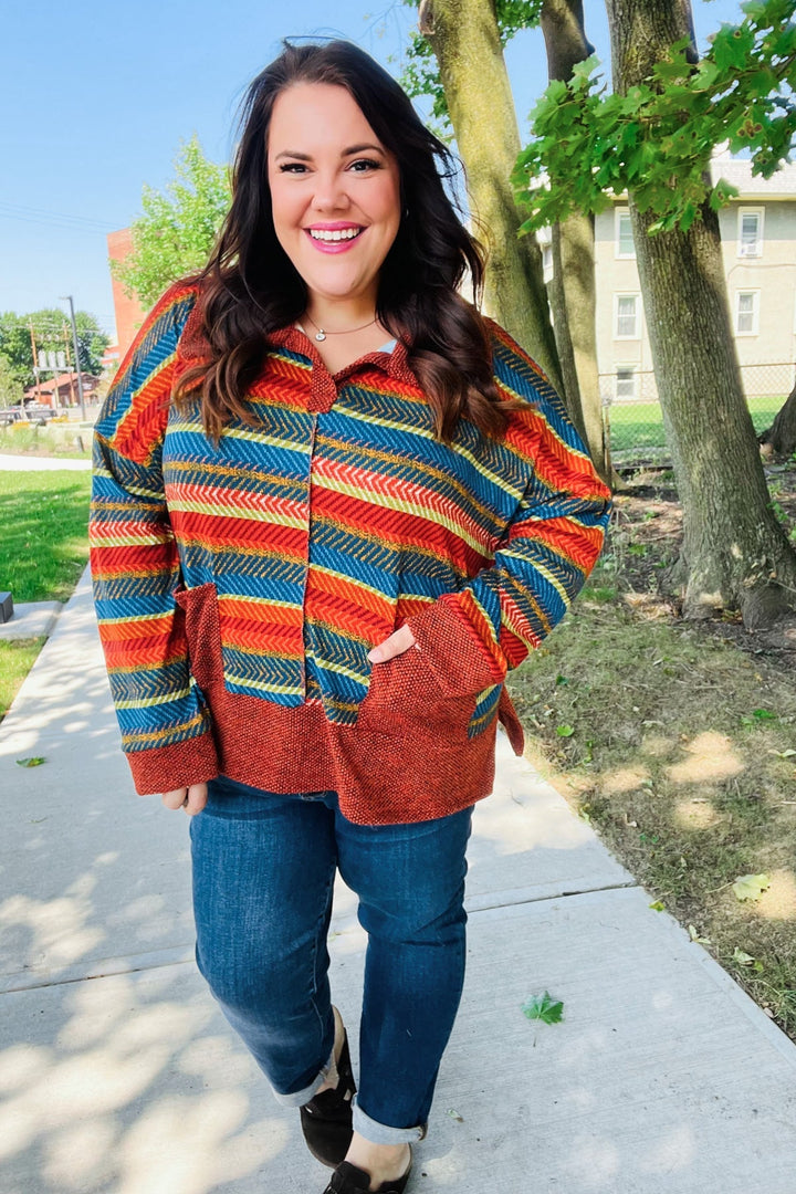Casual Living Rust &amp; Teal Striped Two Tone Knit Pocketed Top | Nikki &amp; Co. Boutique