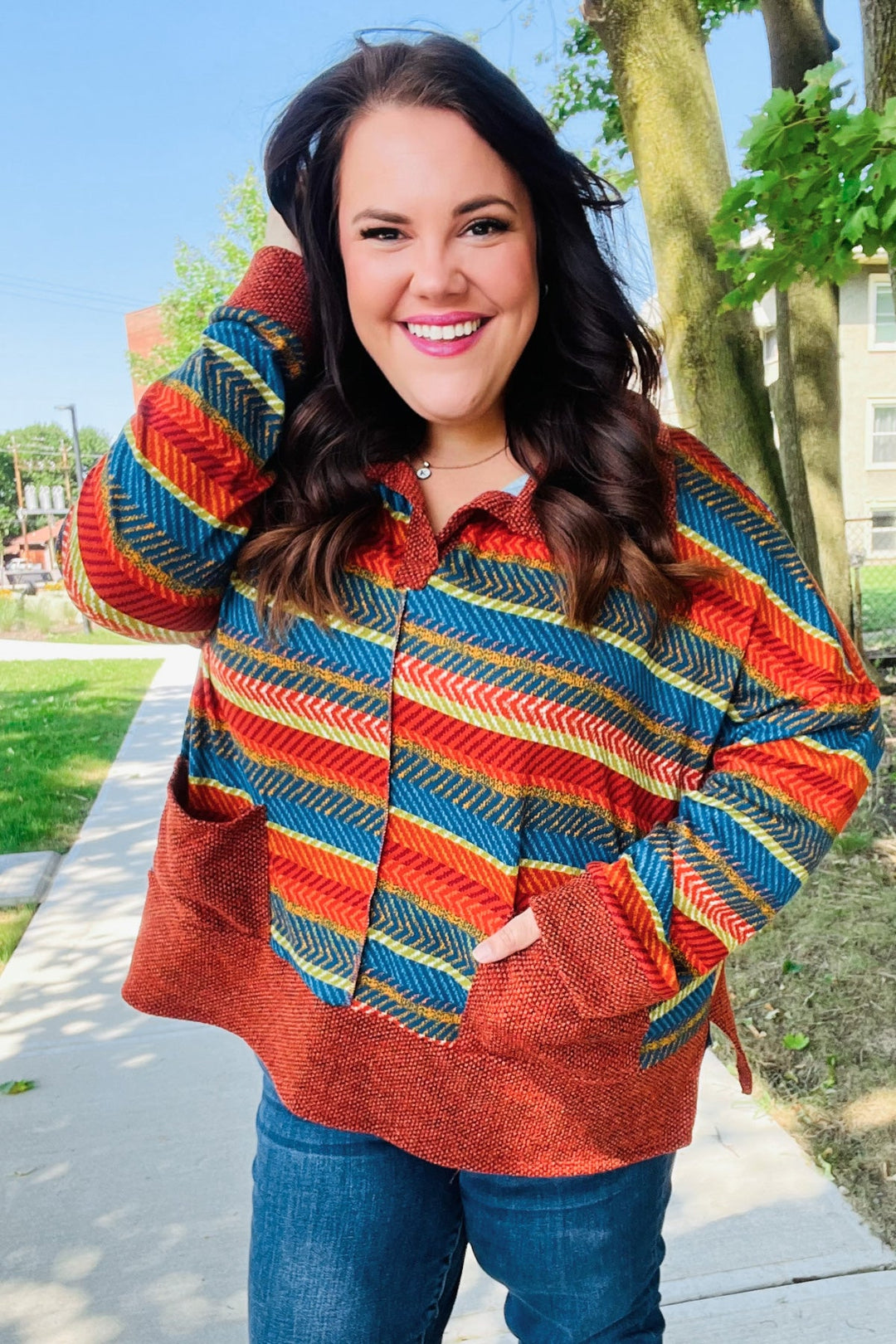Casual Living Rust &amp; Teal Striped Two Tone Knit Pocketed Top