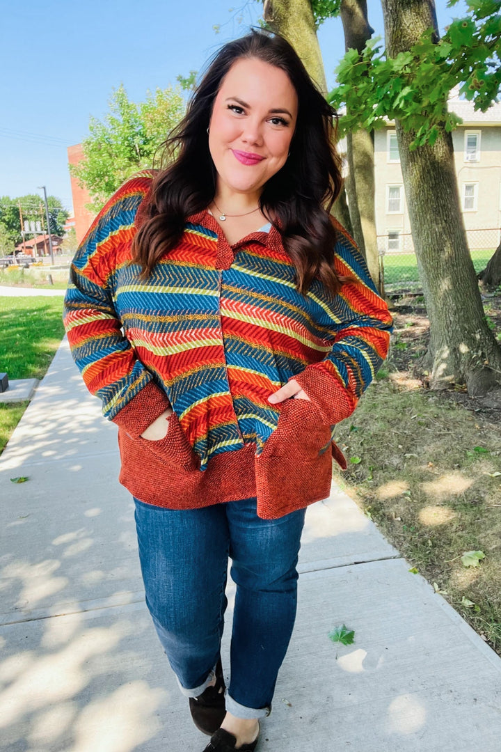 Casual Living Rust &amp; Teal Striped Two Tone Knit Pocketed Top | Nikki &amp; Co. Boutique