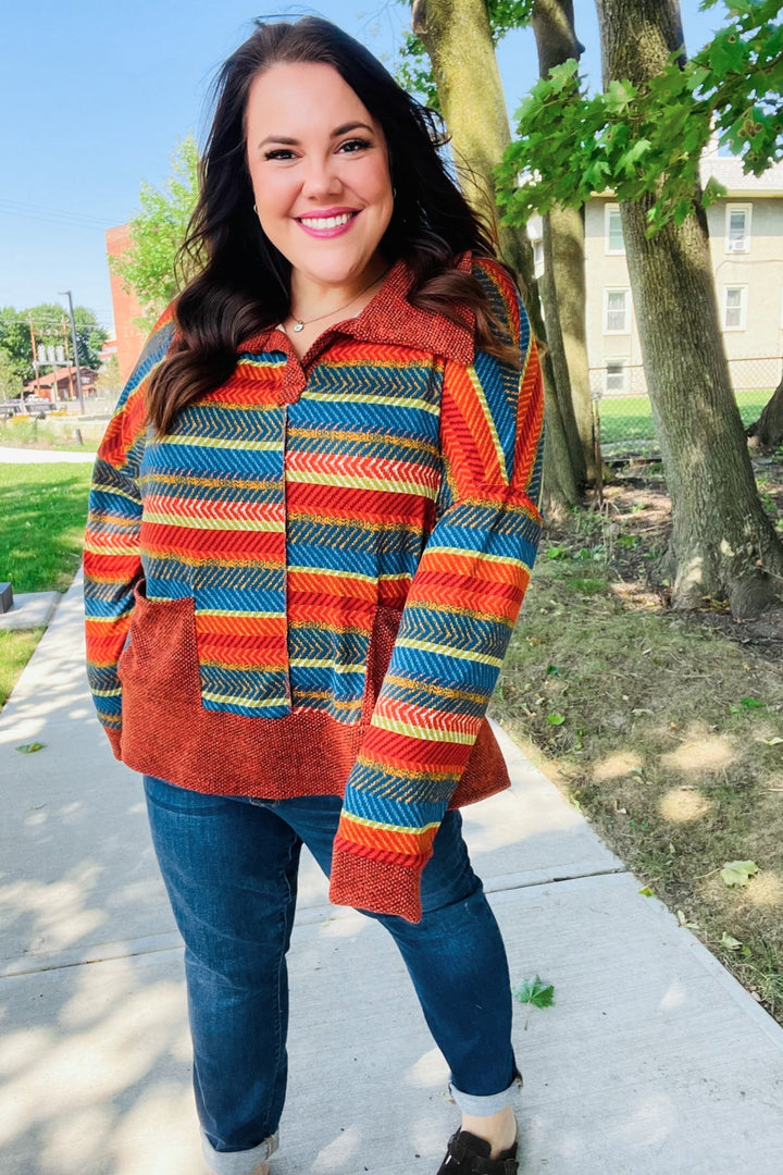 Casual Living Rust &amp; Teal Striped Two Tone Knit Pocketed Top | Nikki &amp; Co. Boutique