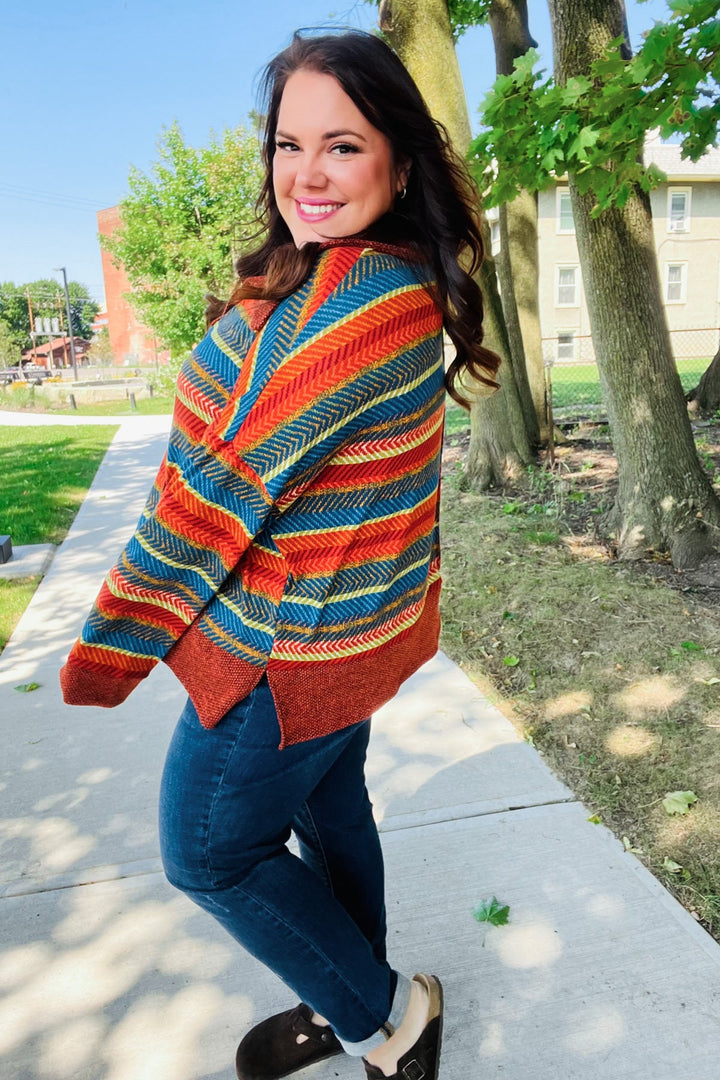 Casual Living Rust &amp; Teal Striped Two Tone Knit Pocketed Top | Nikki &amp; Co. Boutique