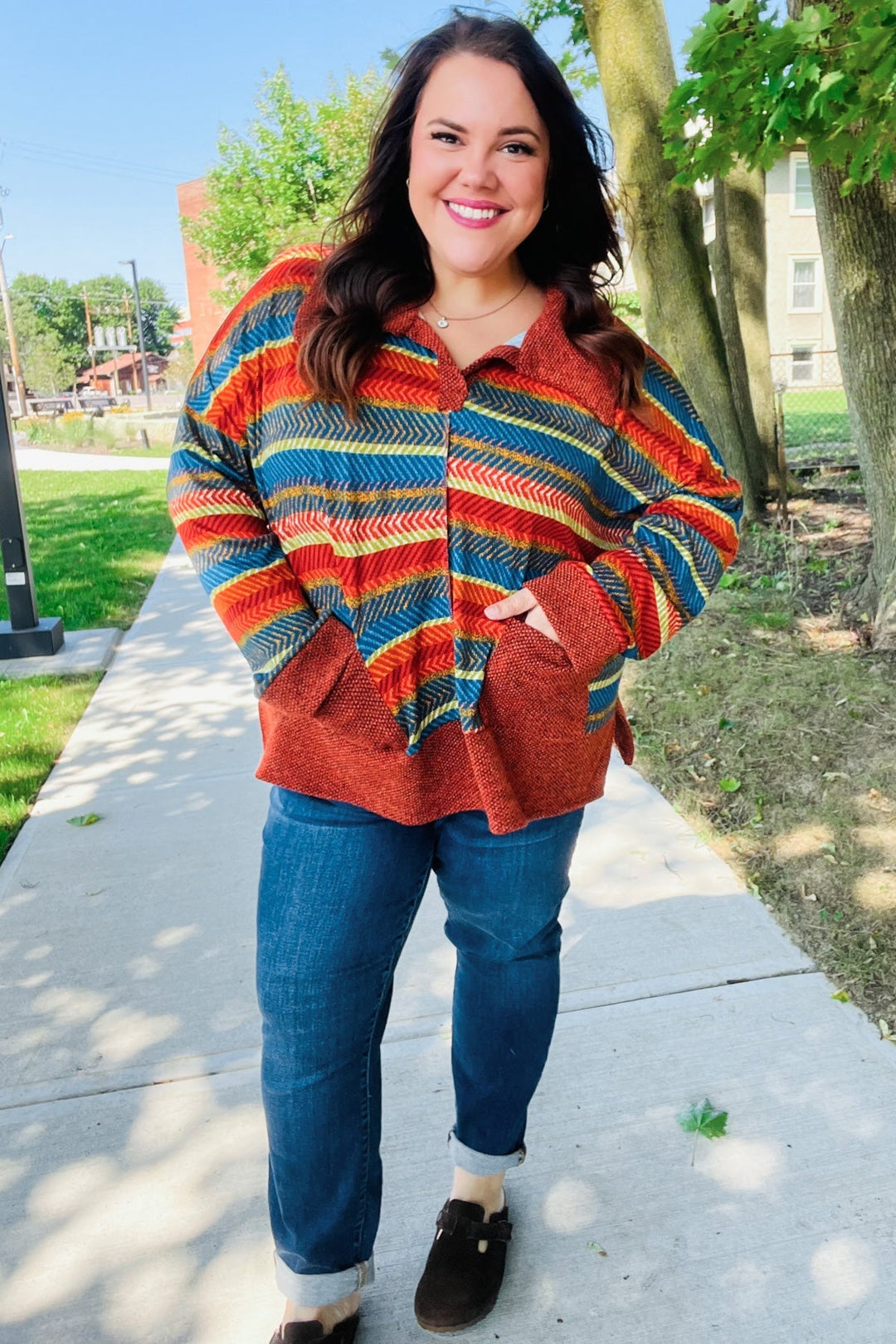 Casual Living Rust &amp; Teal Striped Two Tone Knit Pocketed Top | Nikki &amp; Co. Boutique