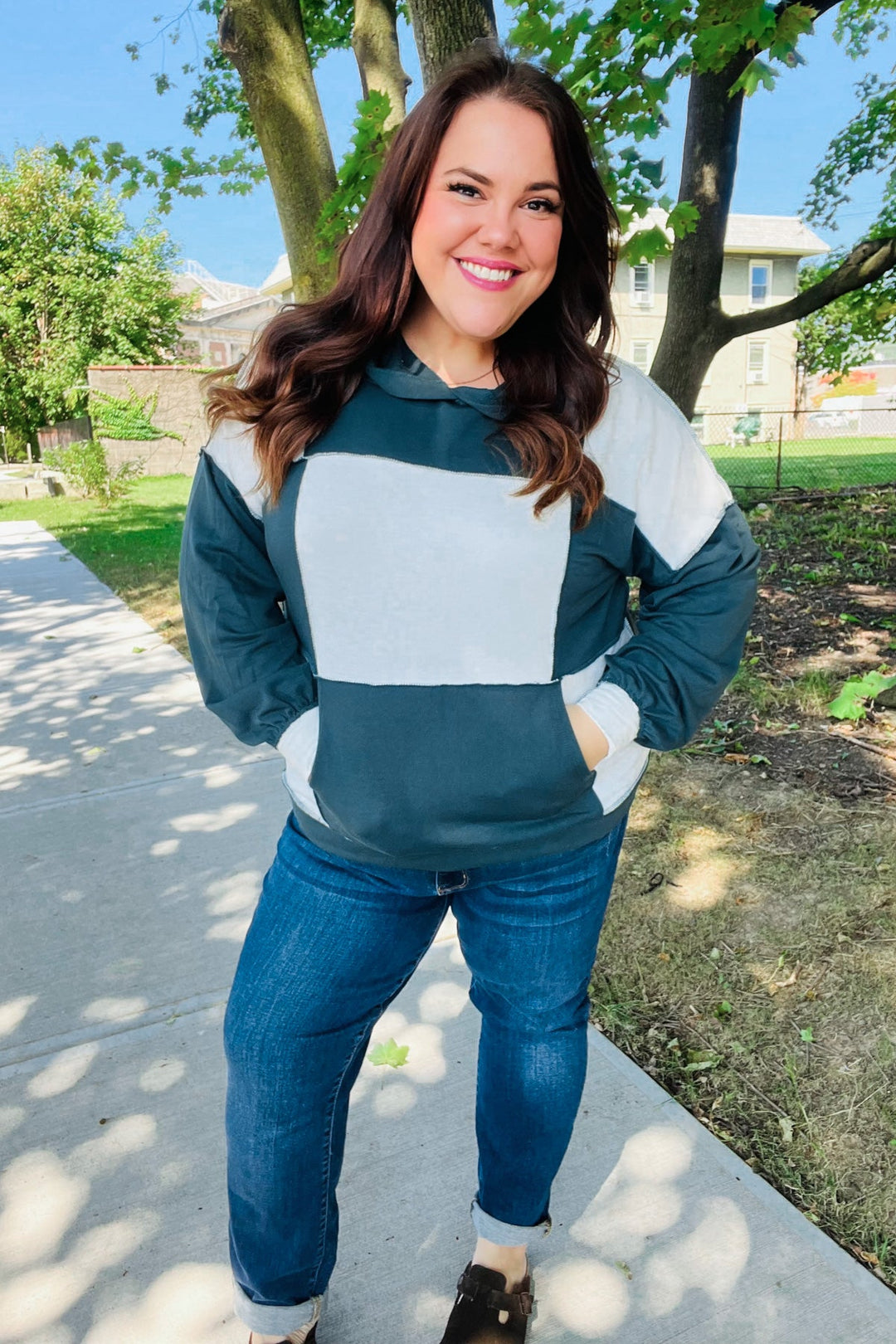 Adorable In Hunter Green Color Block Check Print Terry Hoodie | Nikki &amp; Co. Boutique