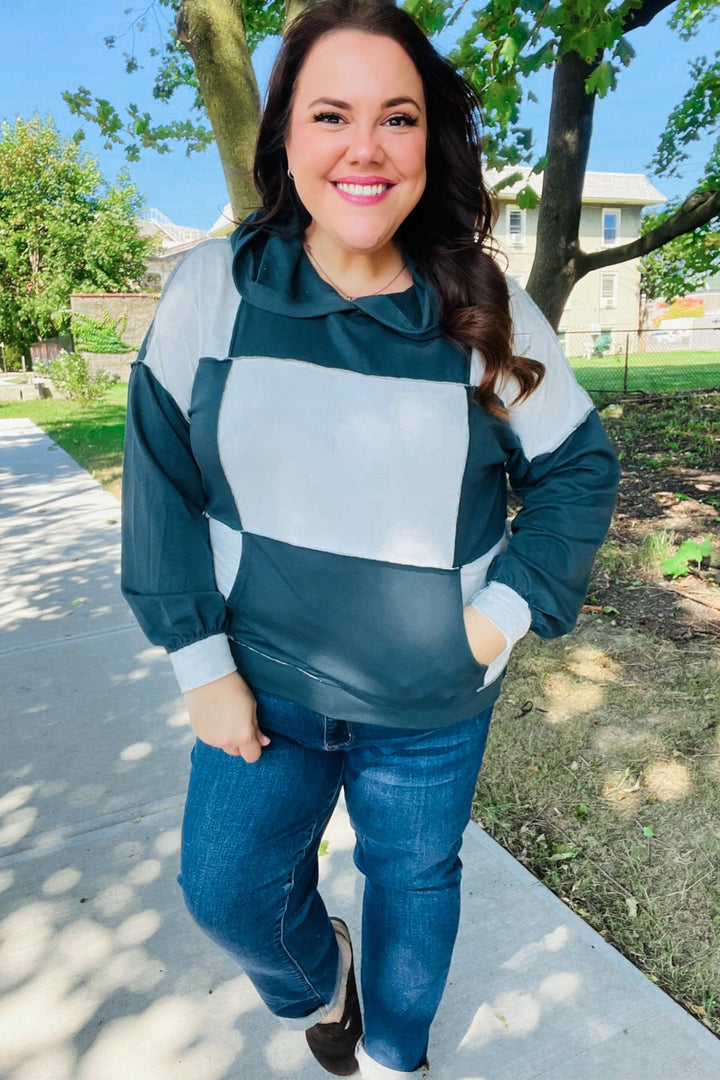 Adorable In Hunter Green Color Block Check Print Terry Hoodie | Nikki &amp; Co. Boutique