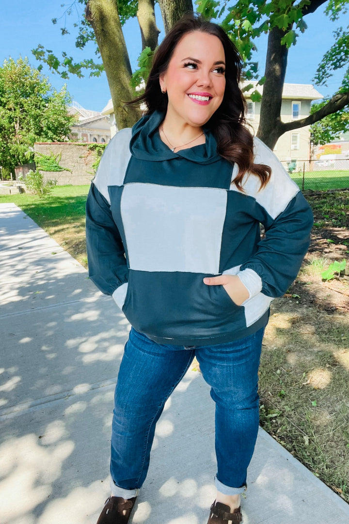 Adorable In Hunter Green Color Block Check Print Terry Hoodie | Nikki &amp; Co. Boutique