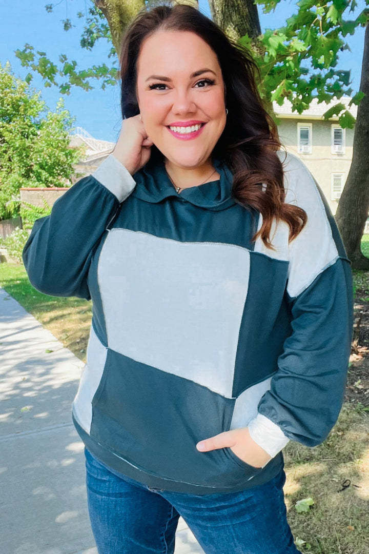 Adorable In Hunter Green Color Block Check Print Terry Hoodie | Nikki &amp; Co. Boutique