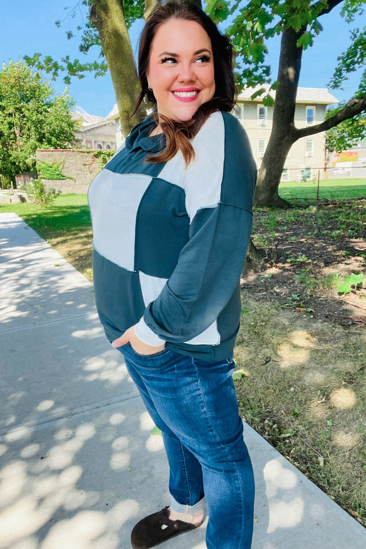 Adorable In Hunter Green Color Block Check Print Terry Hoodie | Nikki &amp; Co. Boutique