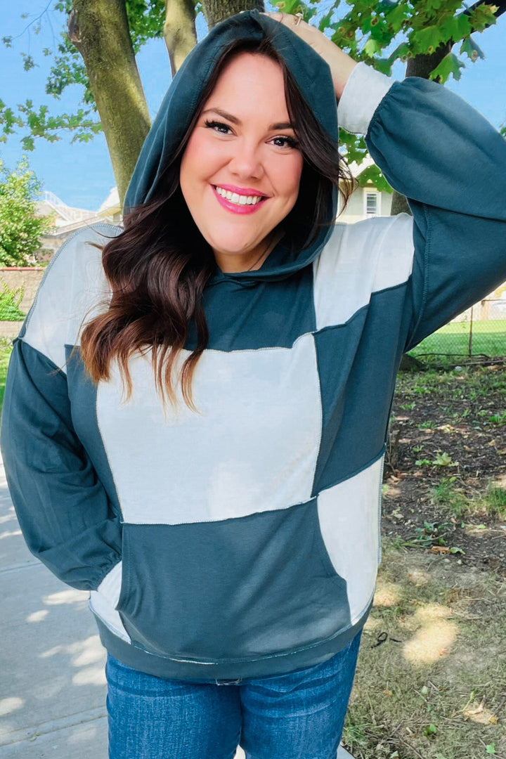 Adorable In Hunter Green Color Block Check Print Terry Hoodie | Nikki &amp; Co. Boutique