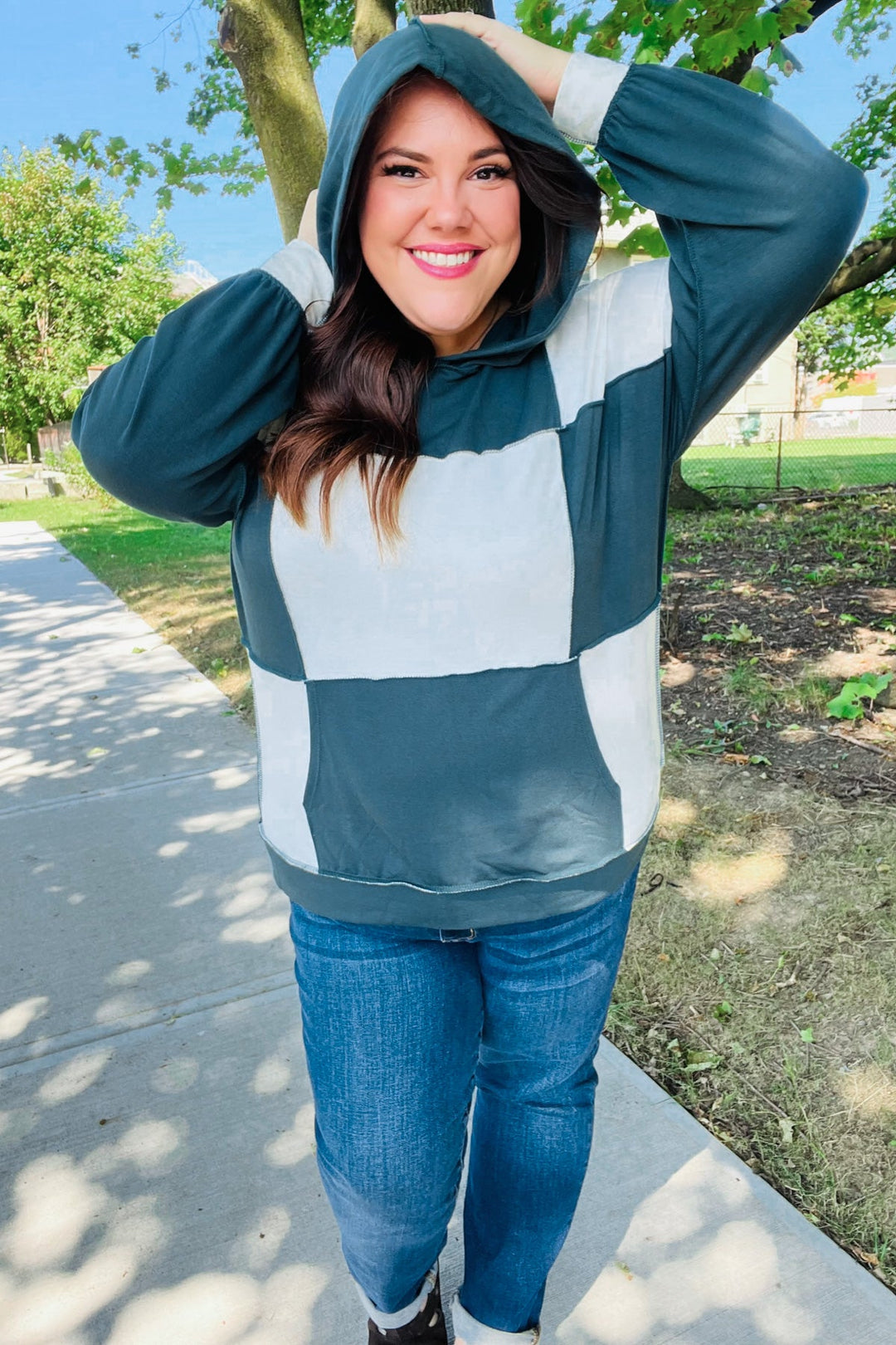 Adorable In Hunter Green Color Block Check Print Terry Hoodie | Nikki &amp; Co. Boutique