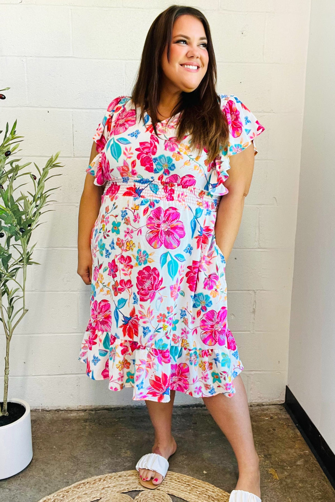 Hello Beautiful Ivory &amp; Fuchsia Floral Sequin Smock Waist Midi Dress | Nikki &amp; Co. Boutique