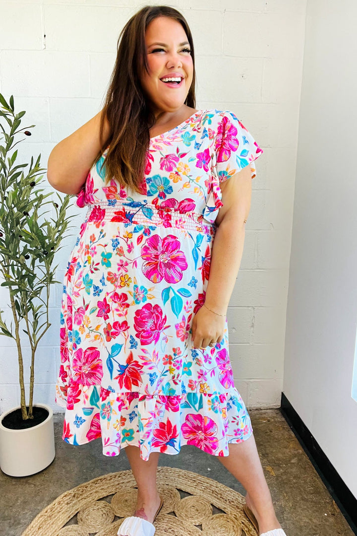 Hello Beautiful Ivory &amp; Fuchsia Floral Sequin Smock Waist Midi Dress | Nikki &amp; Co. Boutique