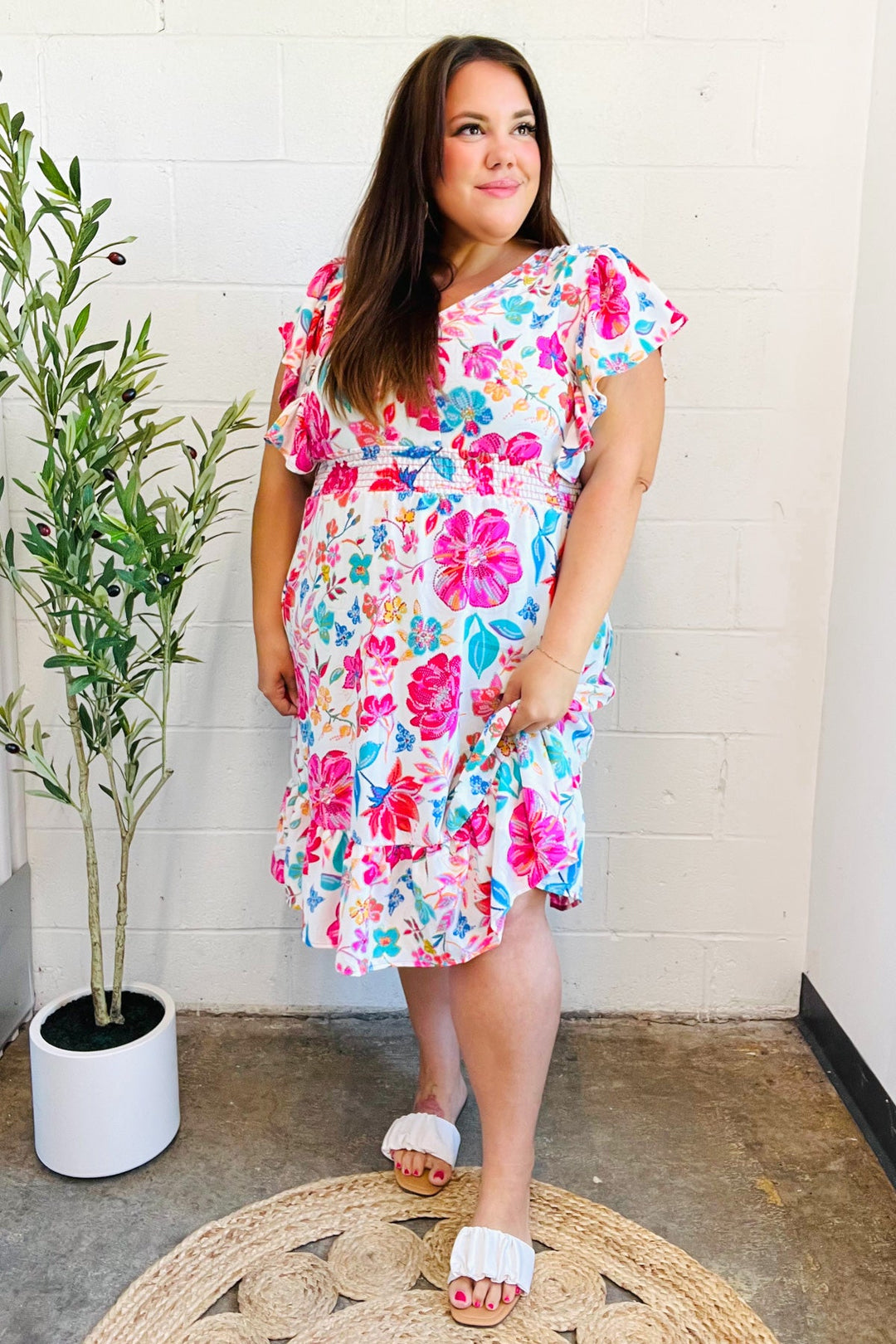 Hello Beautiful Ivory &amp; Fuchsia Floral Sequin Smock Waist Midi Dress | Nikki &amp; Co. Boutique