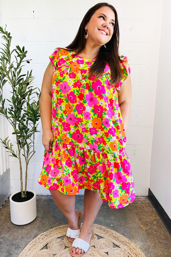 Be Charming Lime &amp; Pink Floral Print Tiered Ruffle Sleeve Dress | Nikki &amp; Co. Boutique