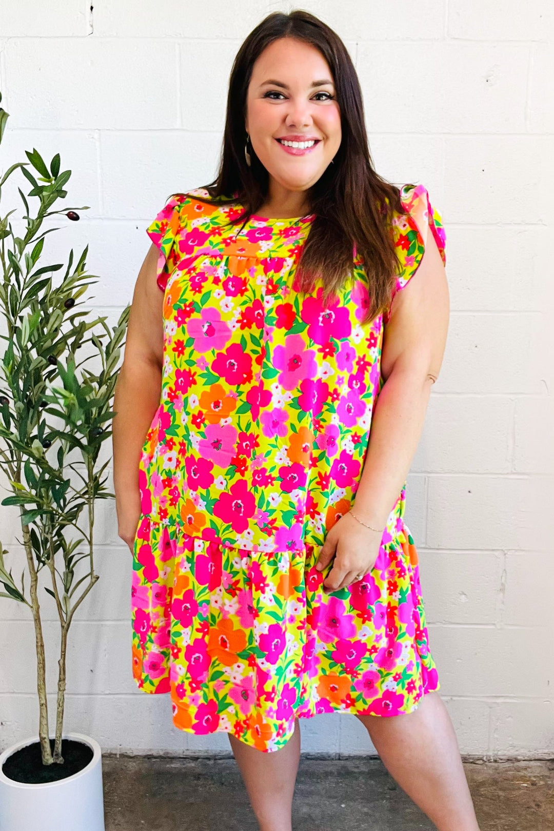 Be Charming Lime &amp; Pink Floral Print Tiered Ruffle Sleeve Dress | Nikki &amp; Co. Boutique