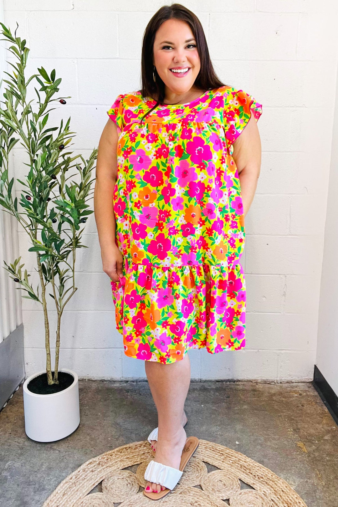 Be Charming Lime &amp; Pink Floral Print Tiered Ruffle Sleeve Dress | Nikki &amp; Co. Boutique